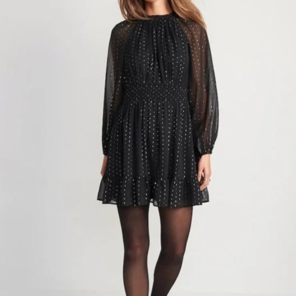 Waist-Defined Metallic Swiss Dot Smocked Mini Dress for Women | NWOT